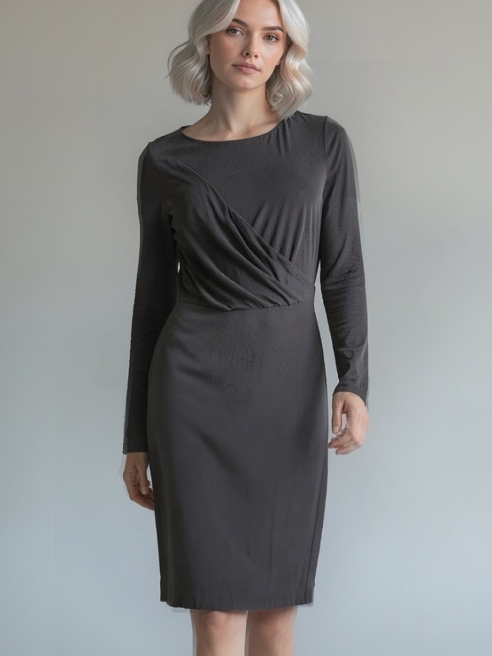 Banana Republic Gray Drape Front Long Sleeve Jersey Dress Workwear Size Medium